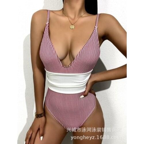021Women Striped Monokini Vintage Print Swimsuit Female Bodysuit Beach Bathing Suit Womens One Piece Striped Deep V-neck Bikini