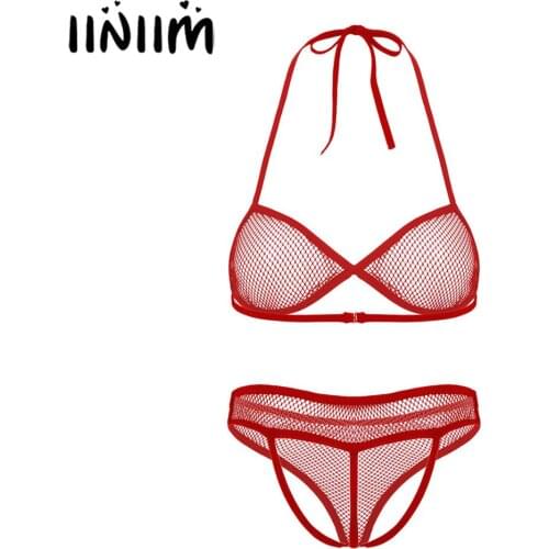 Womens Ladies See Through Fishnet Crop Top Sissy Lingerie Set Bikini Bra Top with Crotchless Open Butt G-string Briefs Panties