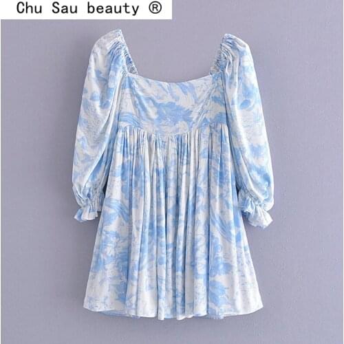 New Fashion Sweet Chic Tie Dye Printed Long Sleeve Mini Dress Women Fall Square Collar Cotton Dresses Female Vestido De Moda