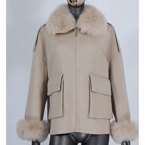 2021 Real Fur Coat Winter Jacket Women Natural Fox Fur Collar Cuffs Wool Cashmere Blends Pockets Outerwear Streetwear Fashion