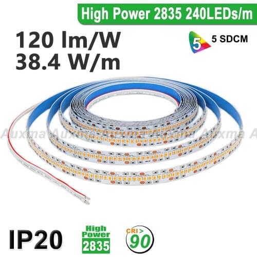 120lm/W,Super high efficiency,High Power 2835 240LEDs/m LED Strip,38.4W/m,CRI95/CRI90,PCB Wide 12mm,IP20 DC24V,1200LED/Reel