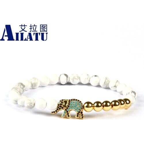 Ailatu Auspicious Religious Image Elephant Jewelry Natural White Howlite Stone Micro Pave Animal Shapes Lucky Bracelet