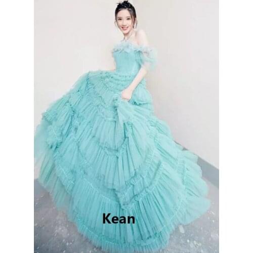 Turquoise Evening Dress Off the Shoulder Tiered Boho Vestidos De Festa Custom Vintage Prom Dresses Party Evening Dress