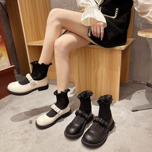 Women&Rubber Boots Female Shoes Boots-Women Round Toe Rain Summer Ladies Autumn 2021 Mid Calf Leather Low Stockings Lace-Up B