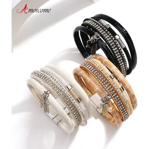 Amorcome Vintage Chain Tassel Metal Flower Charm Multilayer Leather Bracelet Female Fashion Rhinestone Wrap Bracelets Women Gift