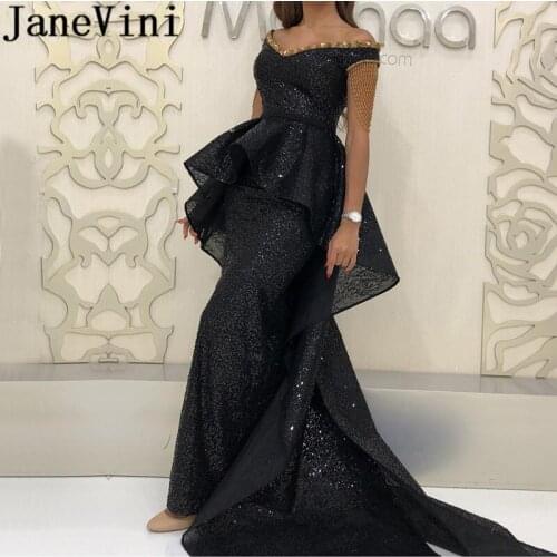 JaneVini Black Arabic Sequined Evening Dresses 2019 Asymmetrical Dubai Long Gold Crystal Peplum Formal Gowns Bead Vestiti Lunghi