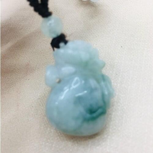 Pure natural Emerald jade hand carved two-color good luck bag pendant three-color jade bead necklace men and women sweater chain