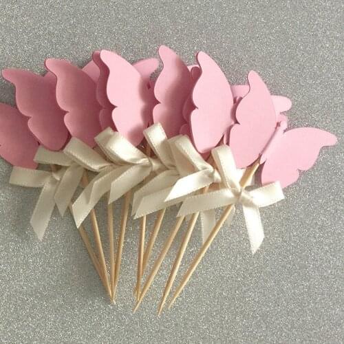 Custom Bow Color&Pink Double-Sided Butterfly Cupcake Toppers Wedding Party Picks Kids Fairy Party Decoration Bridal Shower Decor