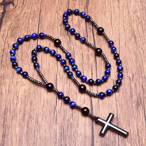 Natural Stone Dark Blue Tigers Eye Onyx Rosary with Cross Hematite Necklace for Man Catholic Religious Stone Rosary Jewelry