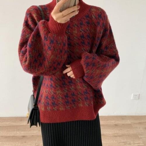 Autumn Winter 2021 All-match Loose Long-sleeved Lattice Semi High Neck Lantern Sleeve Knit Pullover Sweater Female Street Wear