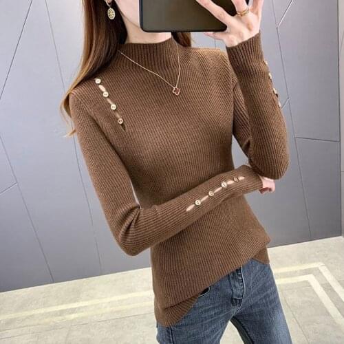Autumn Winter Tricot Elasticity Sweaters Pullovers Women Fashion Button Half High Collar Pullover Inner Wear Slim Knit Sweater