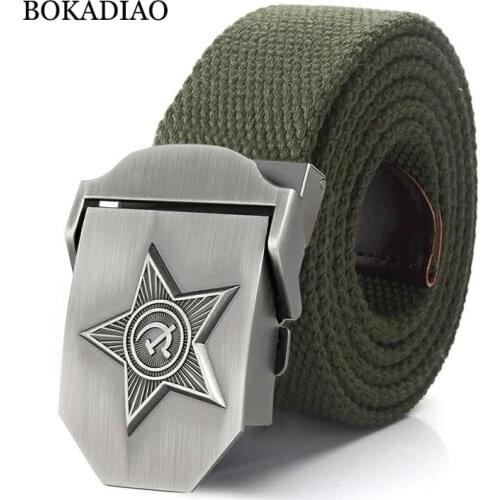 BOKADIAO Men&Women Canvas belt luxury CCCP 3D Five Rays Star Metal buckle jeans belt Army tactical belts for male Military strap