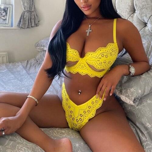 Sexy Erotic Womens Underwear Set Solid Embroidery Lace Transparent Bra and Panty Set Underwire 2 Pieces Intimate Yellow Bra Set