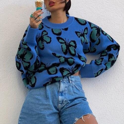 Vintage Fashion Blue Butterfly Autumn Sweater Women Loose Knitted Pullovers Tops Pattern Winter Sweaters Cute Jumpers