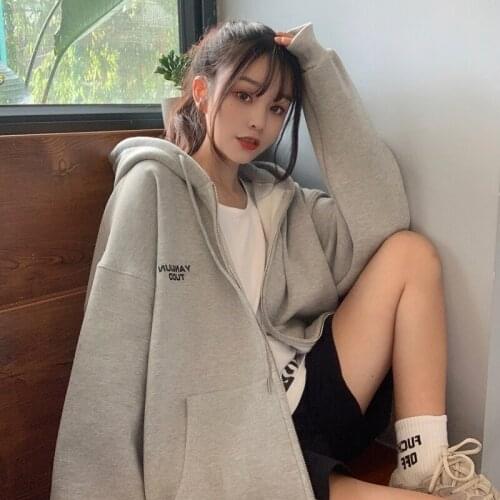 Letter Hoodies Women Loose Plus Velvet Zip-up Pockets Casual Oversize BF Ulzzang Harajuku Daily Streetwear Womens Trendy Jacket
