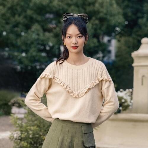 INMAN Spring Autumn Fresh and Romantic Morandi Color Romantic Ruffled Loose Pullover Sweater