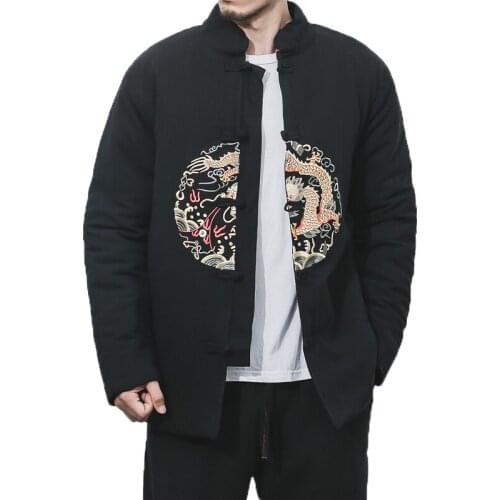 Thicken Black Traditional Chinese Style Casual Winter Jacket Mens Jackets And Coats Mens Dragon Embroidery Clothing Overcoat