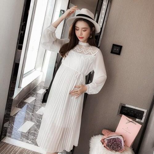 Explosion models fashion maternity clothes fashion new tide mom loose long-sleeve pleated stitching lace chiffon dress