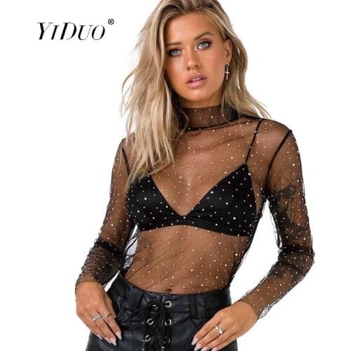 YiDuo Sexy Mesh Shiny Long Sleeve Shirt Women Summer Transparent Nightclub Party Black White Tee Shirt Lady Tops Blusas 2020