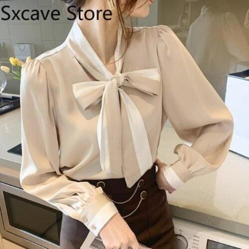 2021 Autumn Bow Chiffon Blouse and Tops Women Long Sleeve Thin Design Elegant Pure Color Shirts Office Lady Korea Style Y2k Tops