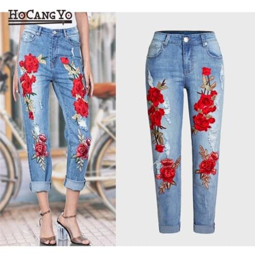 Women Embroidery Jeans High Waist Stretch Loose Jeans Pants Embroidered Ripped Jeans for Women Cotton Denim Pants Plus Size 3XL