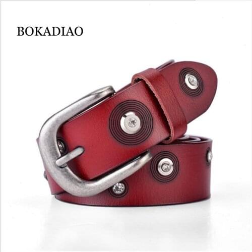 BOKADIAO women belt punk Pin buckle Vintage Rhinestone geometry Rivets luxury ladys original leather belts for women black belt