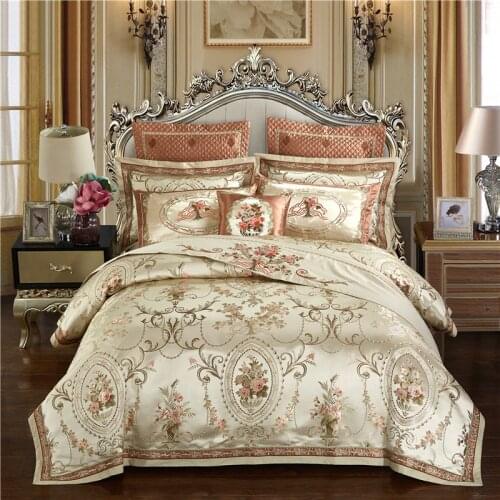 Gold color Europe Luxury Royal Bedding sets Queen King size Satin Jacquard Duvet cover Bed cover sheets set pillowcase 4/6/9Pcs