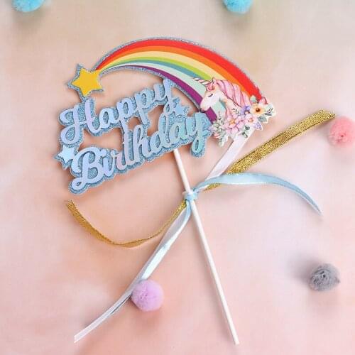 1PC Unicorn Cake Topper Cloud Rainbow Balloon Happy Birthday Banner Cake Decoration Boy Girl Kids Birthday