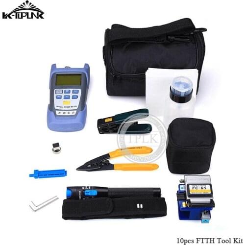 10PCS In 1 Fiber Optic FTTH Tool Kit With FC-6S Fiber Cleaver Optical Power Meter 1MW Visual Fault Locator Wire stripper CFS-2