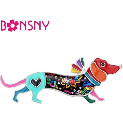 Bonsny Alloy Enamel Collar Dachshund Dog Brooches Pin Fashion Animal Jewelry For Women Girls Scarf Clothes Decoration Gift Charm