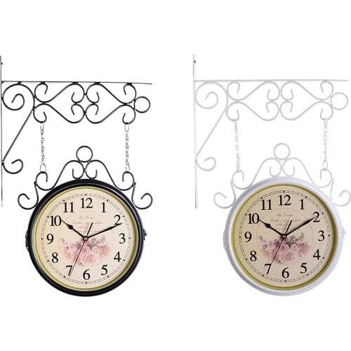 Decorative Double Faced Wall Clock Station Metal Wall Clock Quiet Retro Style Ornament for Indoor/Outdoor Home Living Room Decor