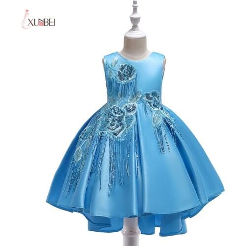 Xunbei 4-9Years Princess Dress Knee Length Hi-Low Flower Girl Dress Sequined Kids Satin Ball Gown Girls Pink Wedding Party Gown
