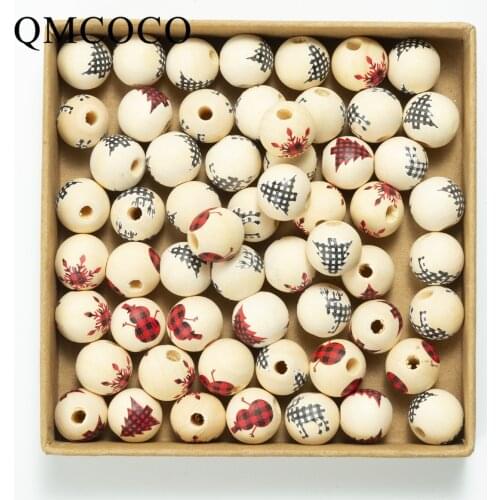 DIY Christmas Tree Elk Snowflake Printed Pattern Wooden Ronud Beads Custom Fashion Crafts Kid Toy Jewelry Bracelet Accessories