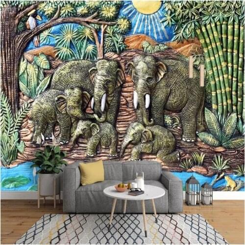Home Decor Southeast Asian Style 3D Stereoscopic Woodcarving Embossed Elephant Garden Mural Self Adhesive Wallpaper Thai Decor