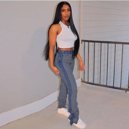 Patchwork Jeans Women Stacked Jeans High Waist Bodycon Stretch Slip Hem Denim Autumn Streetwear Female Long Trousers