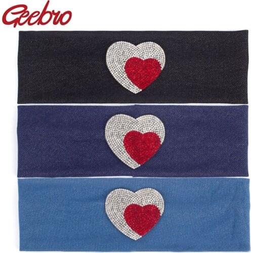 Geebro Womens Plain Stretch Headbands Fashion Double Heart Rhinestones Elastic Flat Headband For Girls Hair Band Turban Wrap