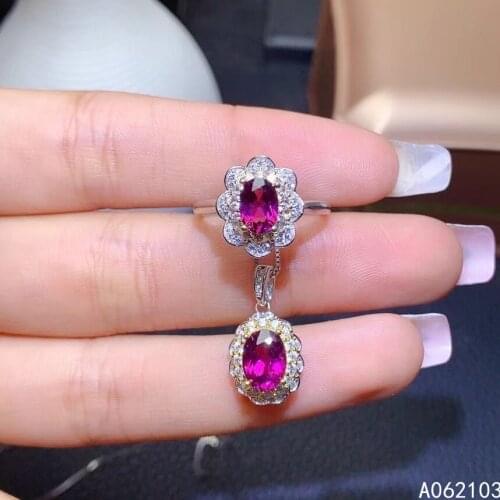 KJJEAXCMY fine jewelry 925 sterling silver inlaid natural pyrope garnet Womens trendy fresh two color gem ring pendant set supp