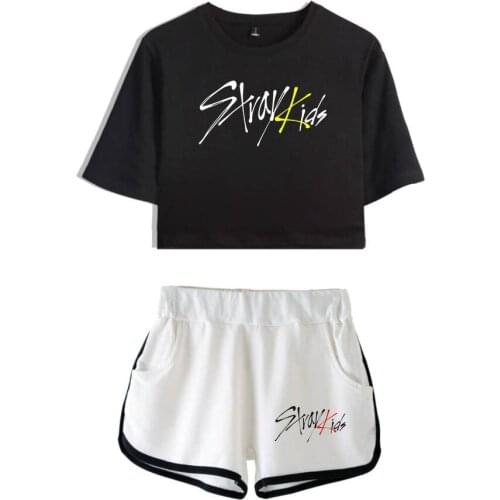 Kpop Stray Kids Two Piece Set Summer Sexy Cotton Printed T shirt Album Woman Suit Shorts Crop Fashion Tops+Shorts Pants 2020 New