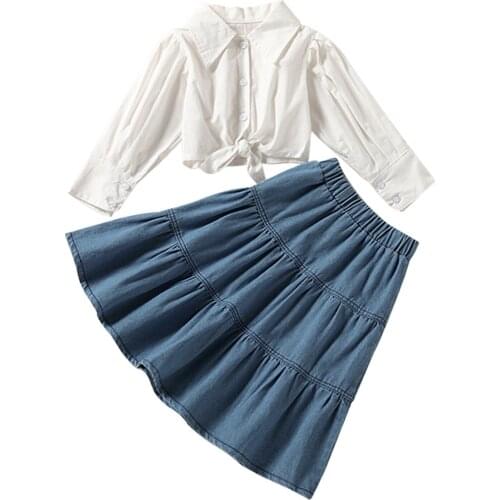 2-6Years Girl’s Outfits Two Piece Suit Fashion Solid Color Long Sleeve Shirt and Denim Mid-length Skirt