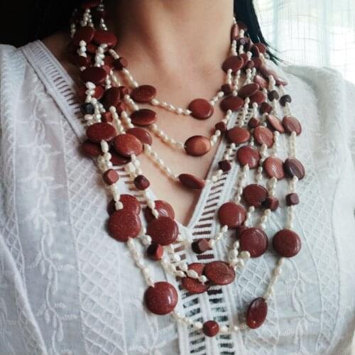 Lii Ji Big Statement Necklace Freshwater Pearl Necklace Blue Brown Sandstone Mutil Strands Women Party Jewelry 52cm