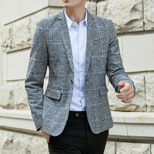2020 Plaid Blazer Men British Style Suit Jacket Casual Wedding Dress Coat Business Streetwear Social Jacket Este Costume Homme