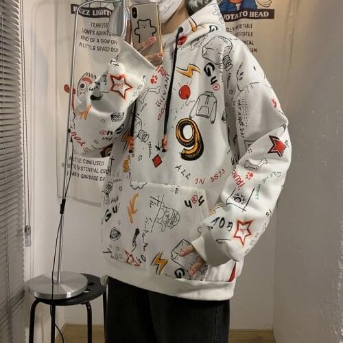 Mens Thicken Comic Printing Coats Cotton Clothes Hooded Hoodies Casual Fashion Pullover Loose Male Sweatshirts Big Size M-5XL