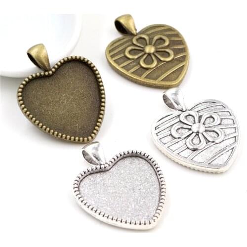 New Fashion 5pcs 25mm Inner Size Antique Bronze And Antique Silver Plated Colors Heart Cabochon Base Setting Charms Pendant
