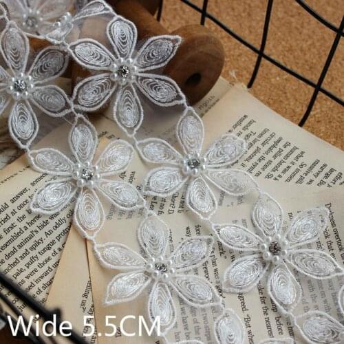 6P Luxury 3D Cotton Embroidery Flowers Mesh Tulle Lace Beaded Applique Ribbon Neckline Collar Decorated Trim For Dress Sewing