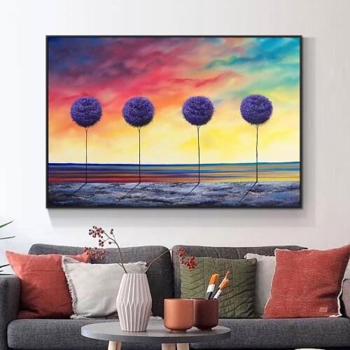 100% Hand Painted Oil Painting On Canvas Abstract Colorful Sky Purple Plant Thick Palette Knife Painting Wall Art For Home Decor