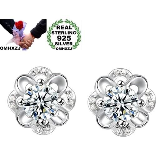 OMHXZJ Wholesale European Fashion Woman Girl Party Wedding Gift Flower White AAA Zircon S925 Sterling Silver Stud Earrings EA179