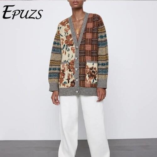 2021 ZA Women Vintage V-Neck Sleeve Knitted Sweater Fashion Slim Pocket Print Floral Warm Cardigan Sweater Casual Loose Chic Top