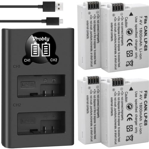 4Pcs Probty LP-E8 LPE8 LP E8 Camera Battery + LCD USB Dual Charger for Canon EOS Rebel T5i T4i T3i T2i EOS 600D 550D 650D 700D