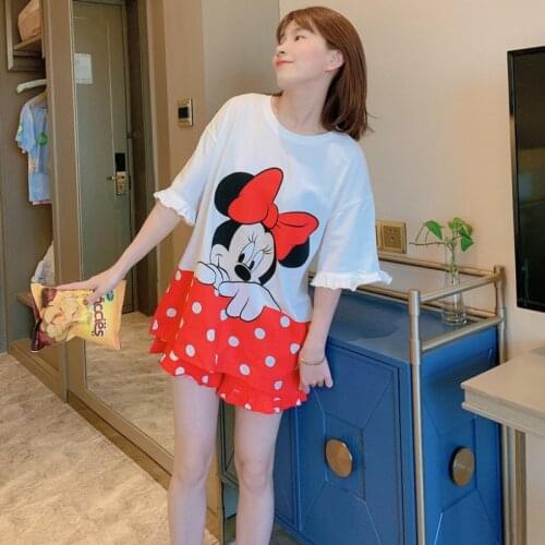 M-2XL Big Size Print Disney Minnie Mouse Kawaii Summer Pajamas with Shorts for Ladies Short Tops and Polka Dot Shorts Set Y2K