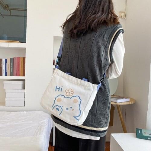 Cute Bear Womens Shoulder Bag Soft Canvas Crossobdy Bag Canvas Handbag Tote White Small Capacity Cross Body Bag For Girls 2021